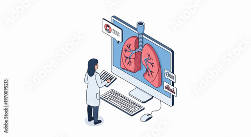 Isometric Female Doctor Analyzing Digital Human Lungs on Computer Screen for Medical Diagnostics and Telemedicine Research