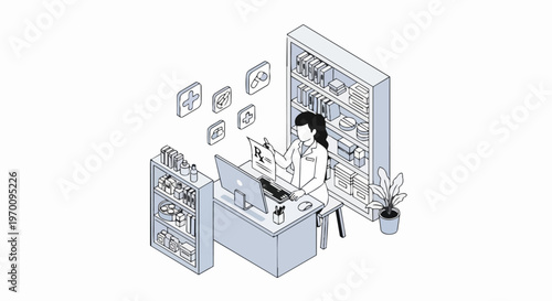 Isometric Line Art Illustration of a Female Pharmacist Working at a Pharmacy Desk with Medical Prescription