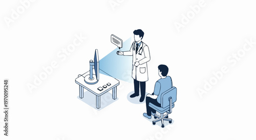Isometric Telemedicine Vector Illustration of a Doctor Consulting a Patient via Digital Interface for Online Healthcare and Virtual Medical Consultation Services