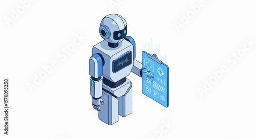 Isometric 3D Medical Robot Assistant Holding Digital Health Clipboard and Patient Data, AI Healthcare Technology Concept, Futuristic Robot Doctor on White Background.
