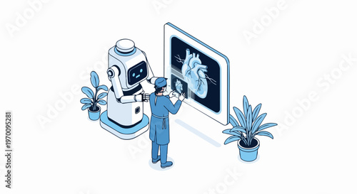Cardiology Innovation: Surgeon and AI Robot Analyzing Digital Human Heart Scan. Isometric Medical Technology Illustration.