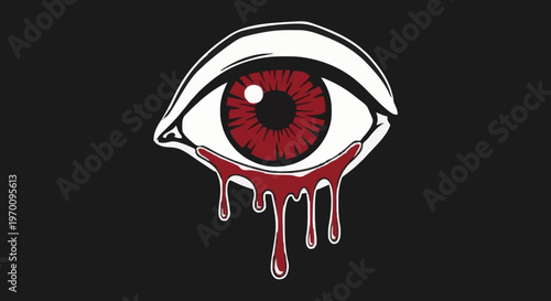 A stylized illustration of a human eye with a blood-red iris and pupil, with red liquid dripping from the lower eyelid onto a black background
