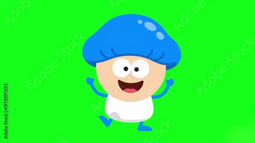 A cute and whimsical 2D cartoon mushroom character with a blue cap and cheerful face performs a happy dance, moving its small limbs with spirit against a chroma key green screen background. This magic