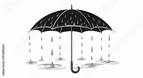 A black umbrella sheltering from falling raindrops, with puddles forming on the ground, illustrating protection from weather