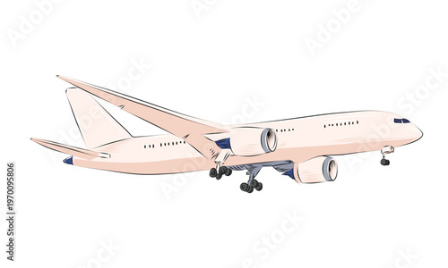Professional commercial passenger airplane vector illustration. Modern aircraft isolated on white for travel, aviation, and transport logistics projects. Editable EPS file. Flying transport. 