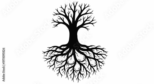 Strong silhouette of a majestic tree with intertwined roots and branches, symbolizing life's journey, growth, and enduring connection to nature