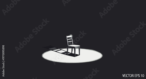 Single white wooden chair illuminated by a stark spotlight in an empty, dark room, symbolizing solitude, a moment of waiting, or a dramatic empty stage
