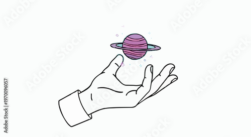 Hand gently holding a miniature planet with rings, floating in a starry nebula