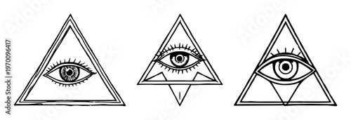 Mystic Eye set with triangle shape and black line art featuring occult, spiritual, esoteric with magic and sacred geometry