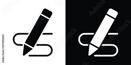 Vector icon of a pencil creating a signature stroke. Concept for digital signing, contract approval, and creative writing. Minimalist black and white design for web and app interfaces.