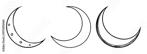 Crescent moon set with waxing phase and dotted texture featuring black line art, astronomical body, celestial object with night sky and space theme