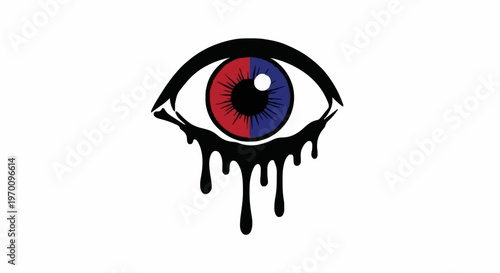 A stylized, bleeding eyeball graphic in black, red, and blue, symbolizing vision or perception with a dripping effect