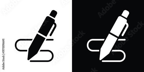 Vector icon of a pencil creating a signature stroke. Concept for digital signing, contract approval, and creative writing. Minimalist black and white design for web and app interfaces.