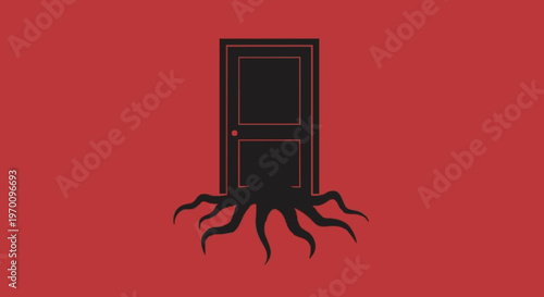 An illustration of a dark door with a root-like structure emerging from its base against a plain red background