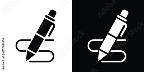 Vector icon of a pencil creating a signature stroke. Concept for digital signing, contract approval, and creative writing. Minimalist black and white design for web and app interfaces.
