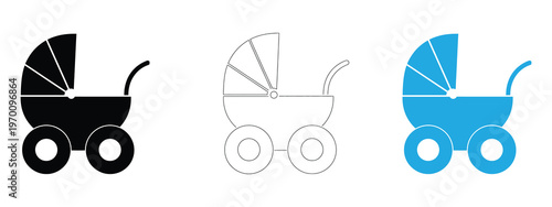 Baby stroller and pram icon set in line, solid and filled outline colorful style. Stroller icon twice used as vector sign, symbol and color illustration for with baby.