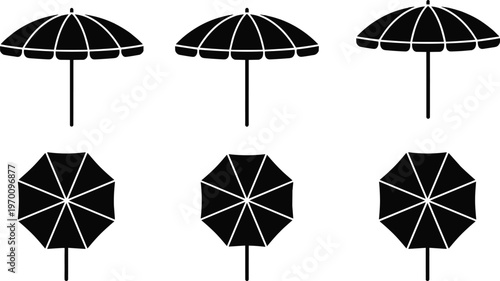Black beach umbrella icons set, summer parasol silhouettes collection in top and side view, outdoor sunshade vector illustration isolated background