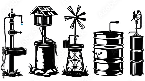 Pump Equipment Birdhouse Windmill Barrel and Dispenser Outlines on Transparent Background
