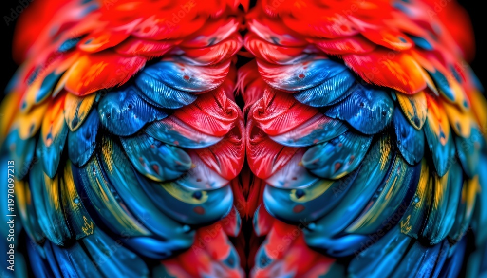 Obraz premium The image features an abstract, symmetrical close up of vibrant, colorful feathers arranged in a pattern that resembles wings or a bird's plumage