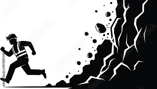 Black and white vector silhouette of a construction worker in a safety helmet running away from a dangerous falling rock landslide mountain collapse.