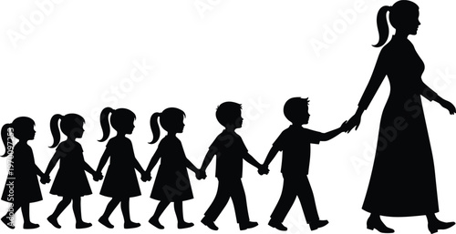 Black silhouette of a female teacher or mother leading a group of young children walking in a line holding hands on white background vector.
