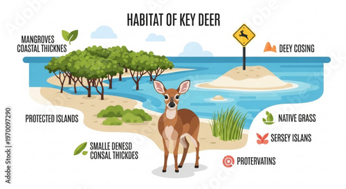 Educational infographic showing habitat of Key deer with mangrove coastal thickets and native grass