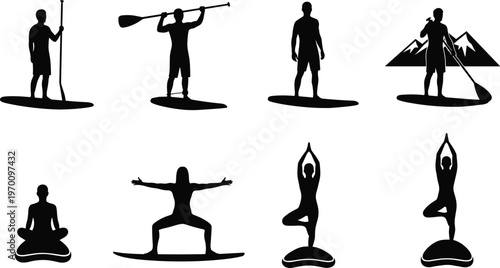 Black silhouette vector illustration set of people practicing stand up paddleboard yoga and paddling on water with mountains isolated on white background.