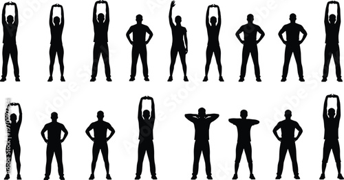 Black silhouette set of athletic men and women performing morning exercises stretching routines and fitness workouts isolated on a white background for design.