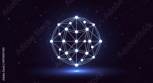 A glowing, abstract geometric shape with interconnected lines and dots against a dark background.