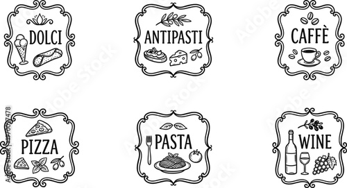 Vintage italian food labels dolci antipasti caffe pizza pasta and wine decorative sketch collection