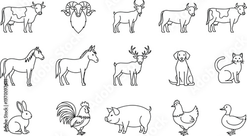 Farm Animal Line Icon Set Featuring Cow Horse Deer Dog Cat Pig Rooster Chicken Rabbit and Barnyard Livestock Outline Collection
