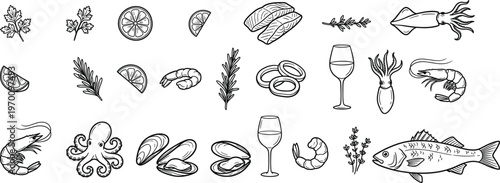 Intricate black and white botanical and marine life sketch collection featuring diverse organisms and forms