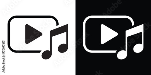 Minimalist music player icon featuring a play button circle and musical notes. Represents digital audio streaming, multimedia playback, and sound entertainment applications.