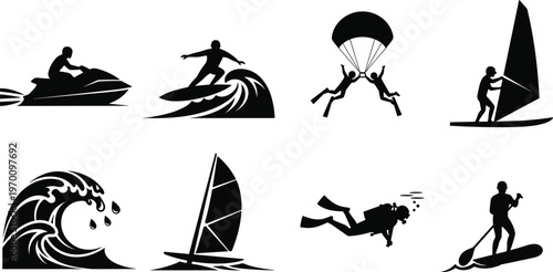 Comprehensive collection of black minimalist vector silhouettes featuring water sports activities like surfing windsurfing scuba diving jet skiing and parasailing on a white background.