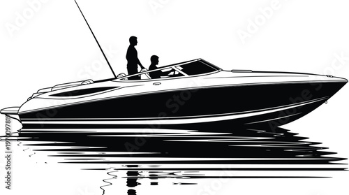 A professional black and white vector illustration of a sleek modern speed boat with two people onboard cruising over calm reflective water.