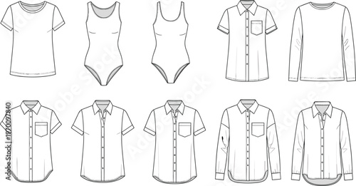 Clothing collection outline illustration set featuring shirts, bodysuits and tops, front view apparel templates for fashion design and garment development