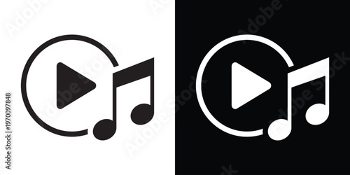 Minimalist music player icon featuring a play button circle and musical notes. Represents digital audio streaming, multimedia playback, and sound entertainment applications.