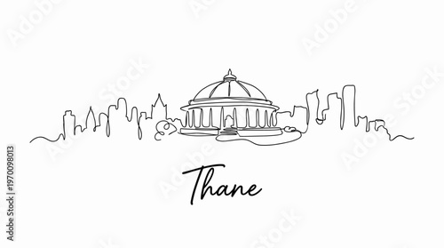Minimalist Thane India city skyline continuous line art drawing isolated on white background