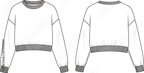 Cropped crewneck sweatshirt front and back view vector illustration casual long sleeve top mockup template modern apparel clothing outline