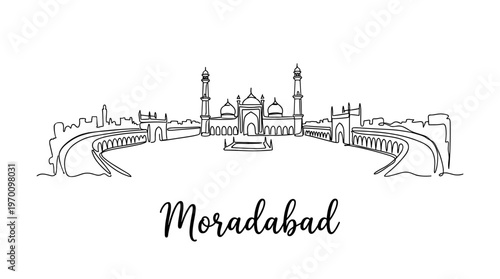 Moradabad India city skyline with Jama Masjid mosque minimalist one line drawing