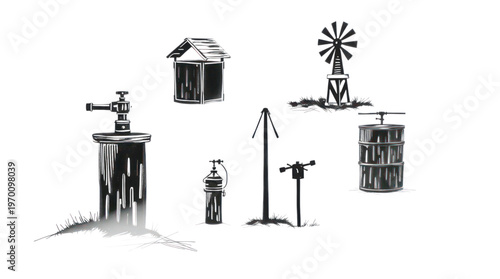 Farm Themed Collection of Rustic Water Pumps Windmill and Outhouse in White Sketch Style