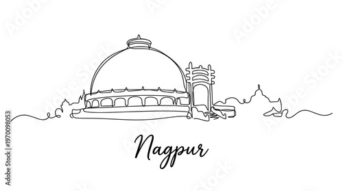 Nagpur city landmark Deekshabhoomi stupa in continuous line drawing vector illustration