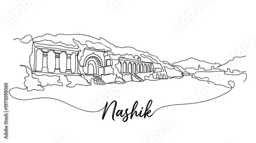 Nashik Pandavleni Caves landmark monument sketch isolated on white background continuous line art illustration
