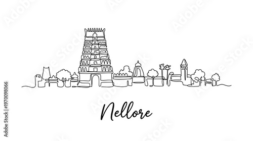 Nellore city skyline with Sri Ranganathaswamy Temple landmarks continuous one line art vector