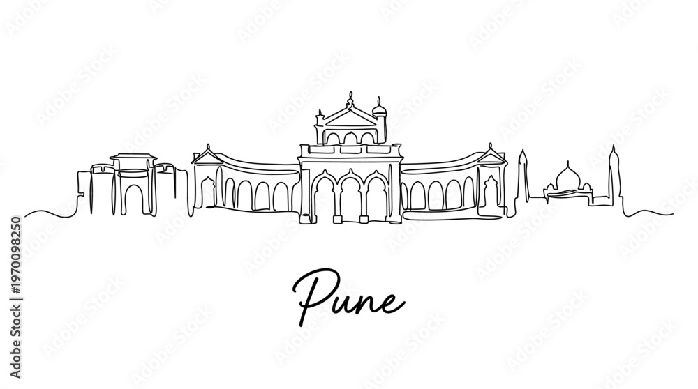 Obraz premium Pune city skyline single continuous line drawing vector illustration on white background