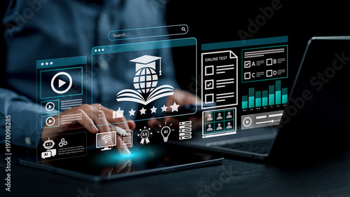 Foto Online learning platform with course rating, accreditation and AI system on laptop and tablet