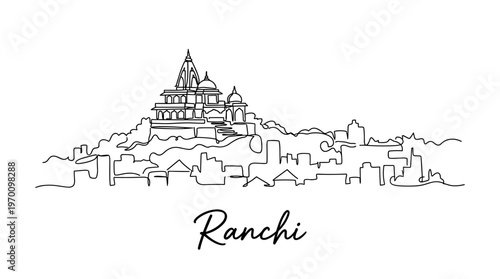 Ranchi India skyline featuring hilltop temple minimalist one line drawing vector illustration