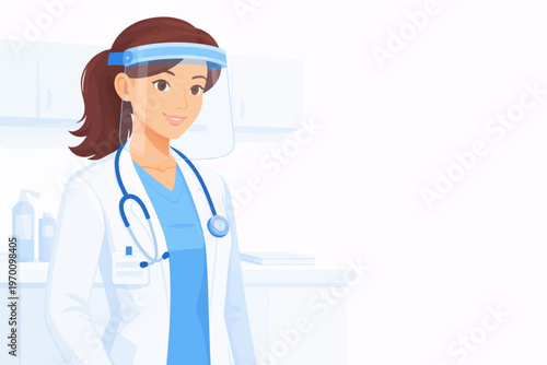 Female doctor wearing face shield and lab coat in medical setting  