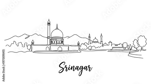 Srinagar city skyline panorama with mosque and mountains in continuous line art vector illustration