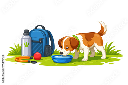 Dog drinking water from bowl with backpack and toys on grass  